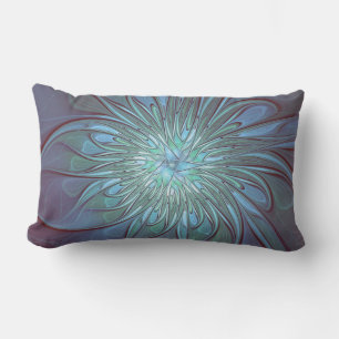 Modern Abstract Trendy Blue Flower Fractal Art Lumbar Cushion