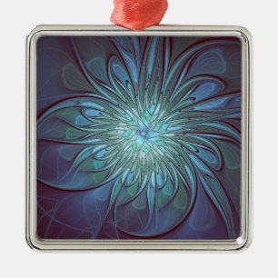 Modern Abstract Trendy Blue Flower Fractal Art Metal Tree Decoration