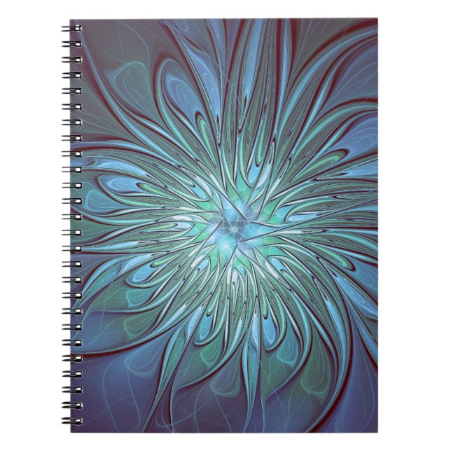 Modern Abstract Trendy Blue Flower Fractal Art Notebook (Front)