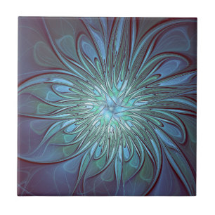 Modern Abstract Trendy Blue Flower Fractal Art Tile