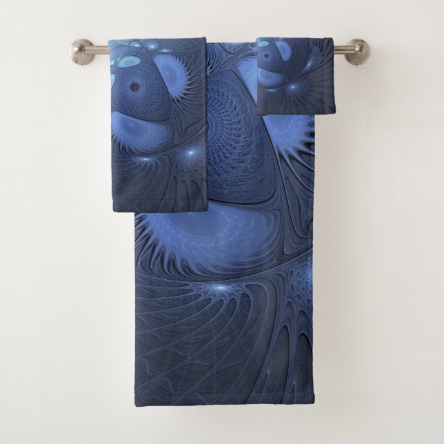 Modern Abstract Trendy Dusk Blue Fractal Art Bath Towel Set (Insitu)