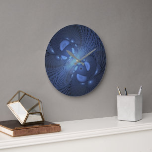 Modern Abstract Trendy Dusk Blue Fractal Art Large Clock
