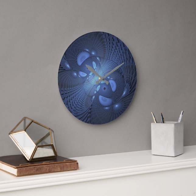 Modern Abstract Trendy Dusk Blue Fractal Art Large Clock (Office)