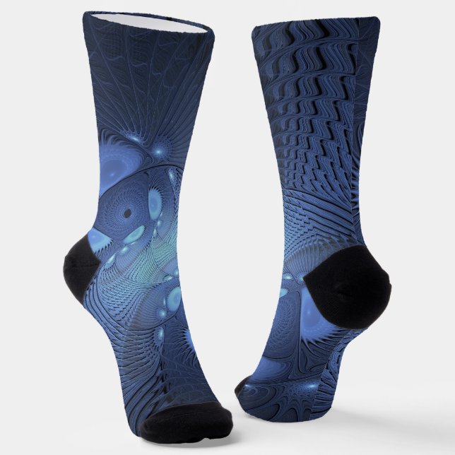 Modern Abstract Trendy Dusk Blue Fractal Art Socks (Angled)
