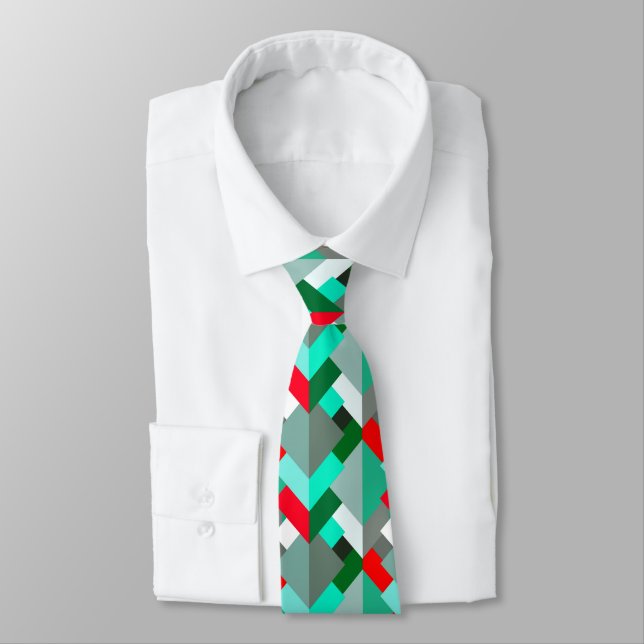 Modern Abstract Triangles, Turquoise, Red, & Grey Tie (Tied)