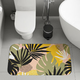 Modern Abstract Tropical Leaves & Polka Dots Bath Mat