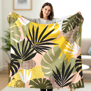 Modern Abstract Tropical Leaves & Polka Dots  Fleece Blanket