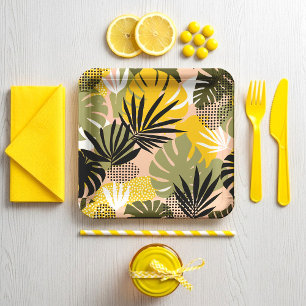 Modern Abstract Tropical Leaves & Polka Dots  Paper Plate