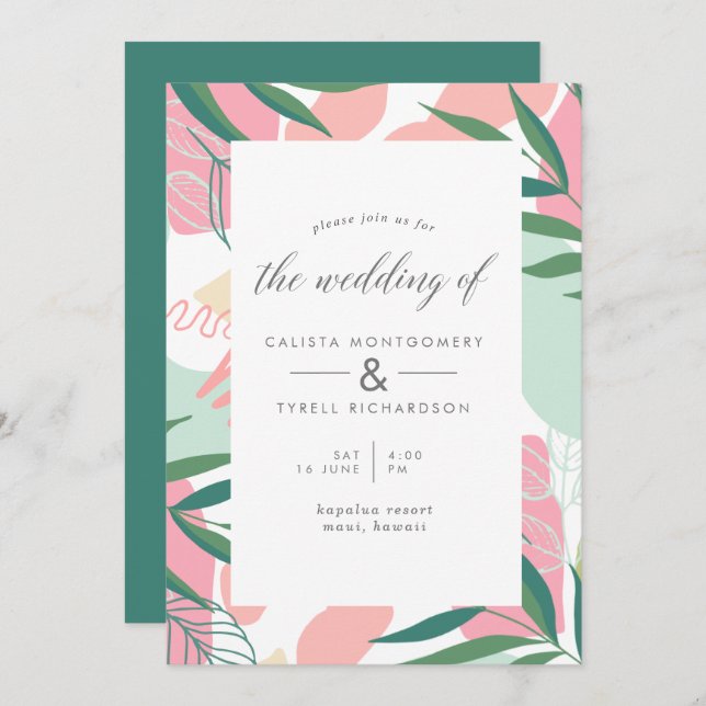 Modern Abstract Tropical Leaves Wedding Invitation (Front/Back)