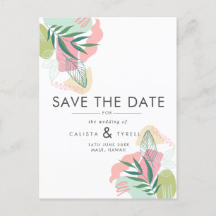 Modern Abstract Tropical Pink & Green Wedding Save Announcement Postcard