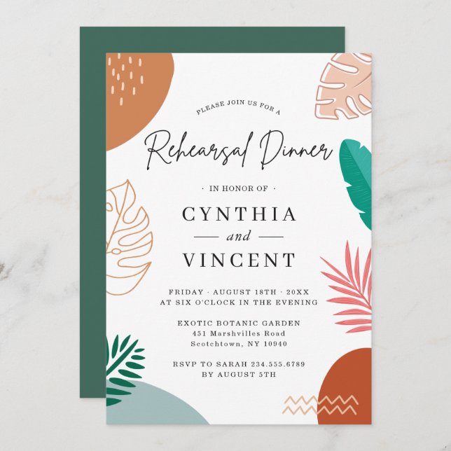Modern Abstract Tropical Wedding Rehearsal Dinner Invitation (Front/Back)