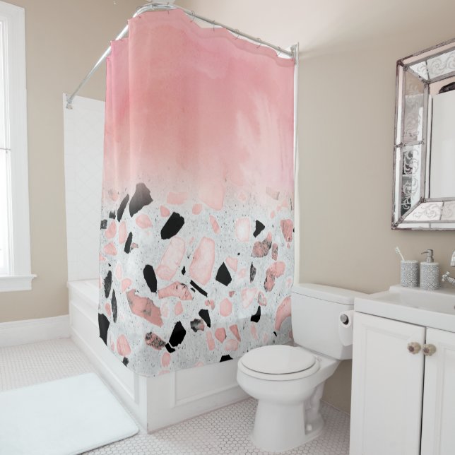Modern abstract watercolor and marble design shower curtain (In Situ)
