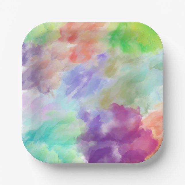 Modern Abstract Watercolor Clouds Colourful Pastel Paper Plate (Front)