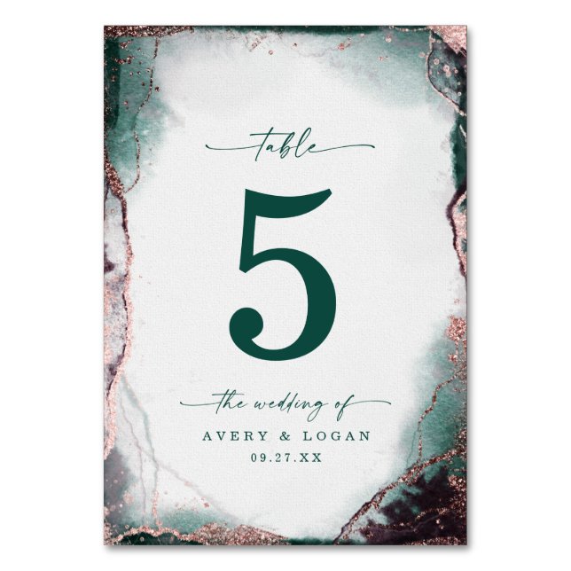 Modern Abstract Watercolor Emerald Green Wedding Table Number (Front)