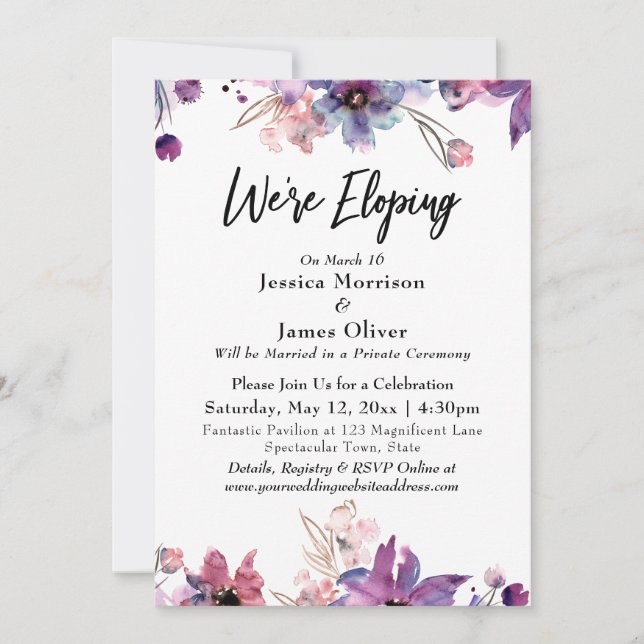 Modern Abstract Watercolor Florals We're Eloping Invitation (Front)