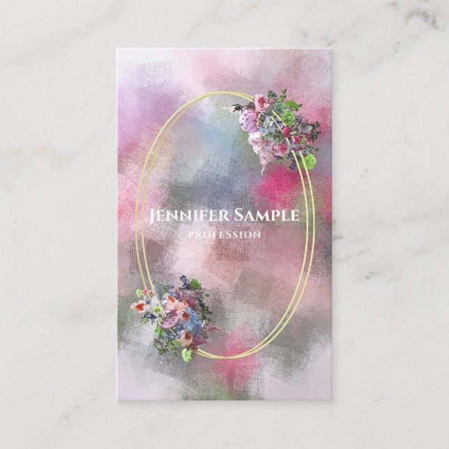 Modern Abstract Watercolor Flowers Gold Frame Top Business Card (Front)
