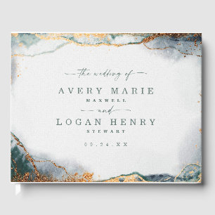 Modern Abstract Watercolor Green & Gold Wedding Guest Book