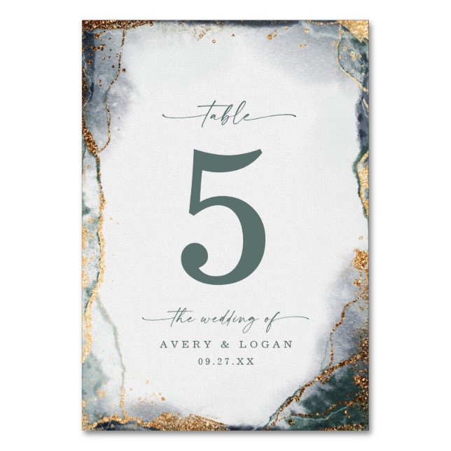 Modern Abstract Watercolor Green & Gold Wedding Table Number (Front)