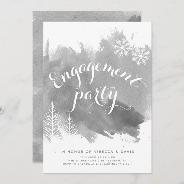 Modern abstract watercolor grey engagement party invitation (Front/Back)