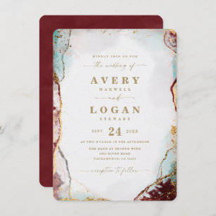 Modern Abstract Watercolor in Wine & Gold Wedding Invitation