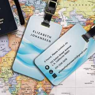 Modern Abstract Watercolor light Blue White Waves Luggage Tag
