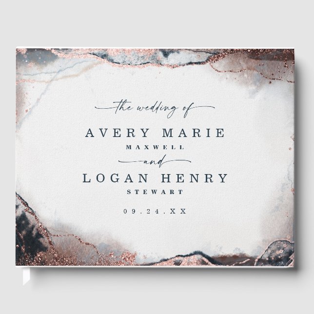Modern Abstract Watercolor Moonlight Blue Wedding Guest Book (Front)