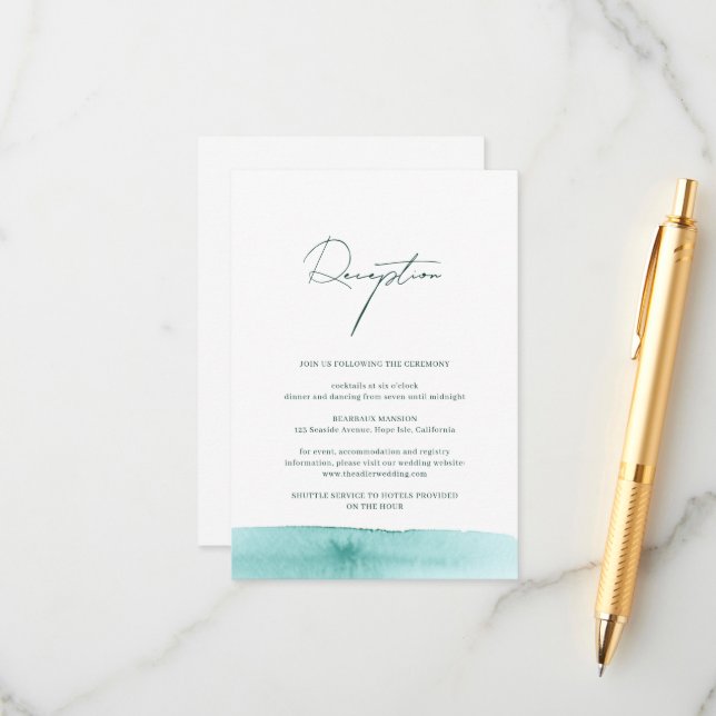 Modern Abstract Watercolor Ocean Wedding Reception Enclosure Card (Front/Back In Situ)