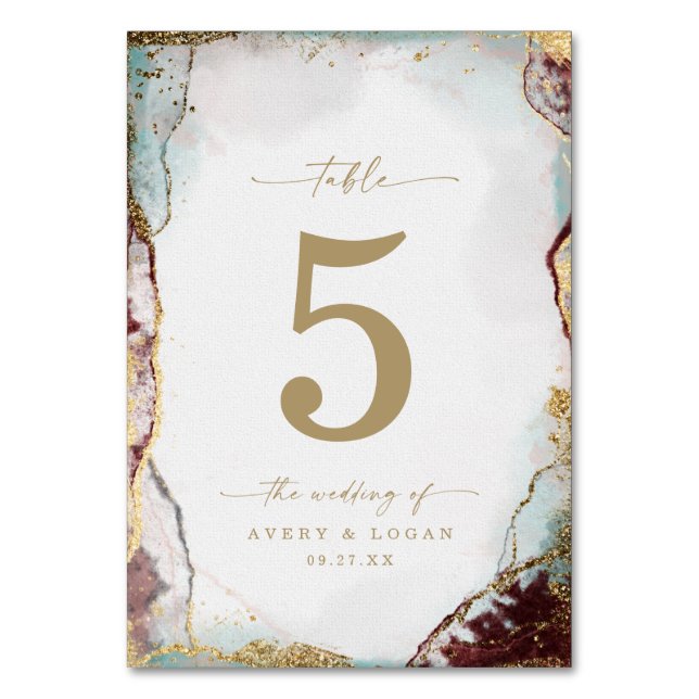 Modern Abstract Watercolor Red Aqua & Gold Wedding Table Number (Front)