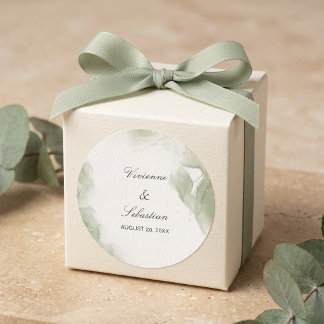 Modern Abstract Watercolor Sage Green Gold Wedding Classic Round Sticker