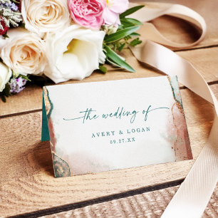 Modern Abstract Watercolor Teal & Copper Wedding Place Card