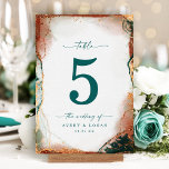 Modern Abstract Watercolor Teal & Copper Wedding Table Number<br><div class="desc">Modern Abstract Ethereal Watercolor Teal & Copper Wedding Table Numbers. This modern Design is beautify hand-painted with rich colours that are perfect for Fall. Shown in the Dark Teal Wedding Colour Palette colorway of: Dark Teal Peacock Green, Copper Rust, Dusty Gold, Almond Grove, and Bisque Beige. With faux Metallic glitter...</div>