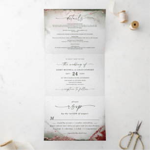 Modern Abstract Watercolor Terra Rosa Pink Wedding Tri-Fold Invitation