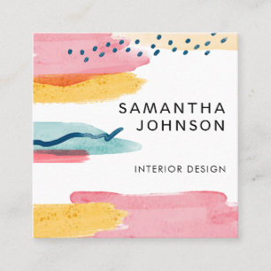 Modern Abstract Watercolor Yellow Pink Blue Design Square Business Card