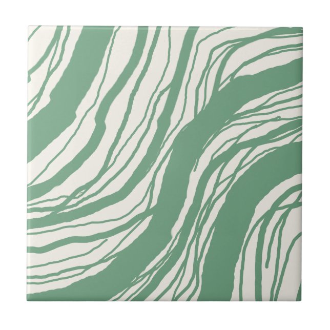Modern Abstract Wavy Lines Sage Green White Tile (Front)