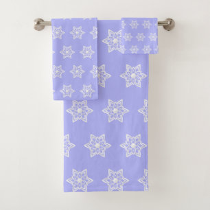 Modern Abstract White Flower Mandala on Light Blue Bath Towel Set