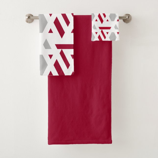 Modern, abstract, white, red, light grey bath towel set (Insitu)