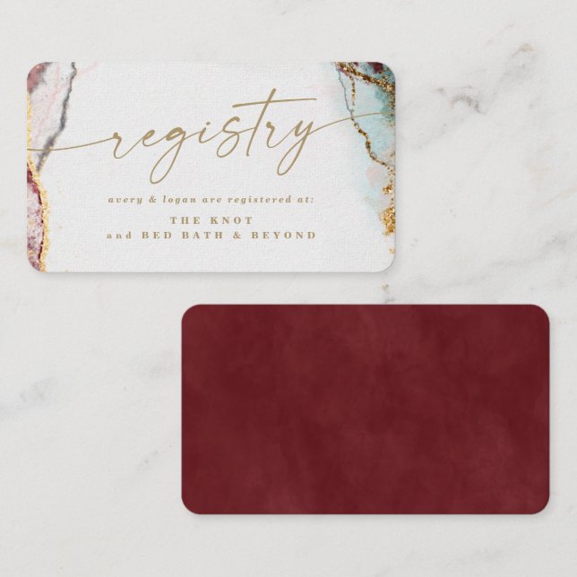 Modern Abstract Wine Red & Gold Wedding Registry Enclosure Card (Front/Back)
