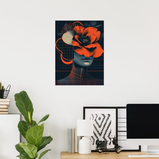 Modern abstract woman portrait with flowers poster (Home Office)