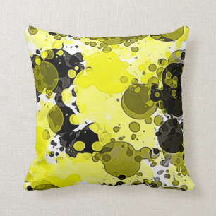 Modern Abstract Yellow and Black Paint Splatter Cushion