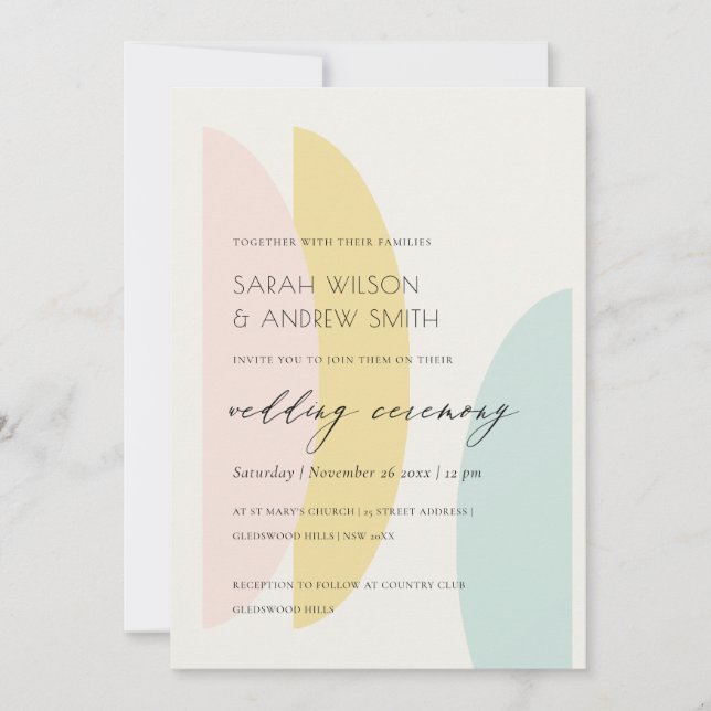 MODERN ABSTRACT YELLOW BLUSH AQUA WEDDING INVITE (Front)