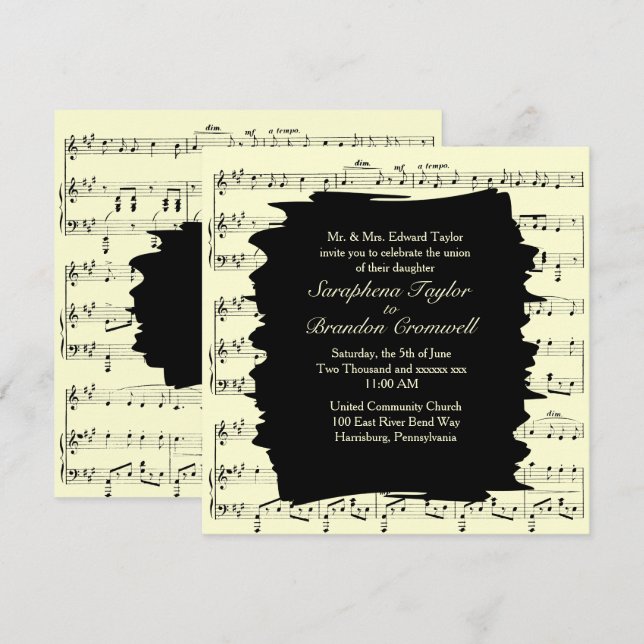 Modern Abstract Yellow Music Wedding Invitation (Front/Back)