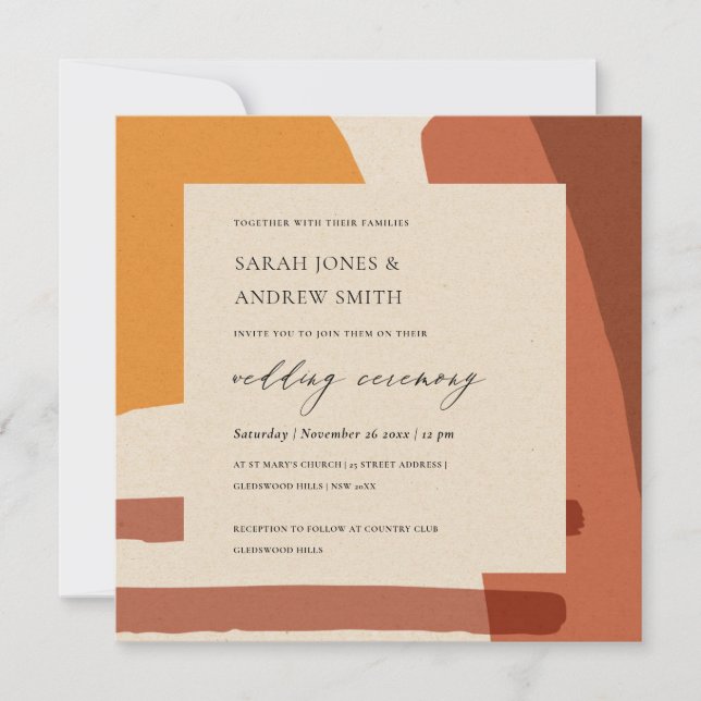 MODERN ABSTRACT YELLOW TERRACOTTA ARTISTIC WEDDING INVITATION (Front)