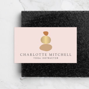 Modern Abstract Zen Stones Gold and Pink Logo Yoga Business Card