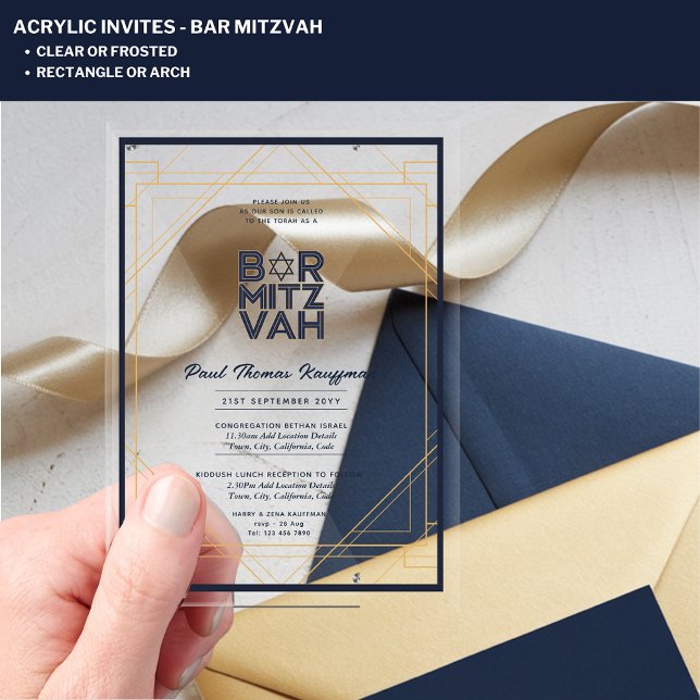 Modern Acrylic BAR MITZVAH Navy Gold Modern Clear Invitations (Creator Uploaded)
