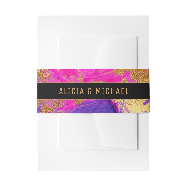 Modern acrylic painting pink purple gold wedding invitation belly band (Front Example)