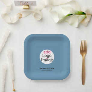 Modern Add Your Logo Promo Customisable Dusty Blue Paper Plate
