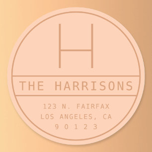 Modern Address & Monogram Peach Classic Round Sticker