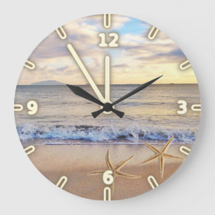 Modern Adorable Beach Sunset,Sea stars Large Clock
