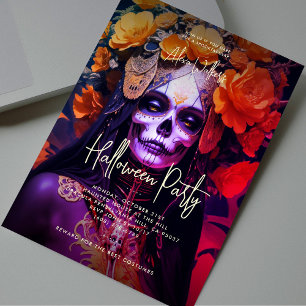 Modern Adult Halloween Party Black Gold Orange Invitation