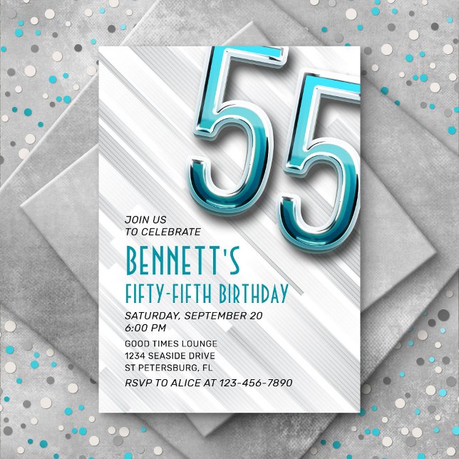 Modern Adult Teal 55th Birthday Invitation (Creator Uploaded)